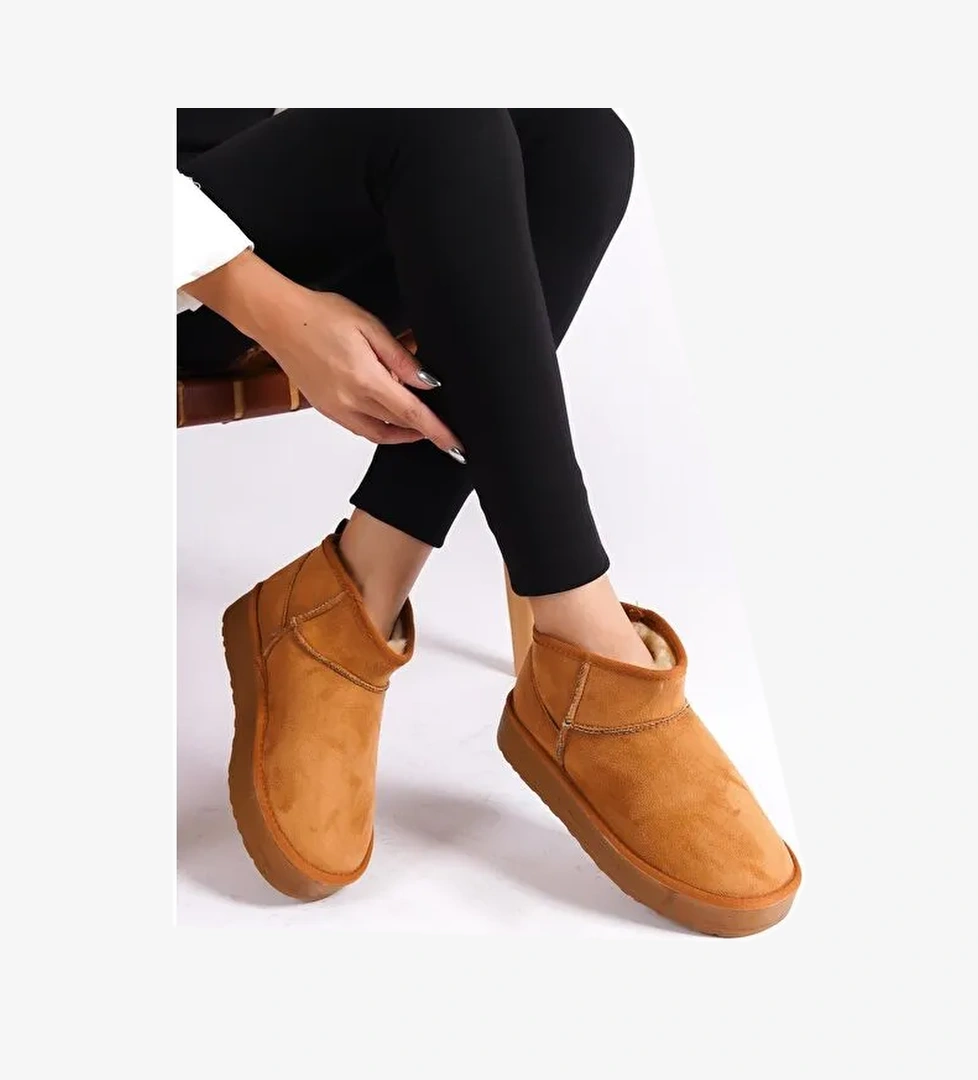 Kalın Tabanlı Yuvarlak Burunlu Kürklü Kısa Kadın Bot - Görsel 1