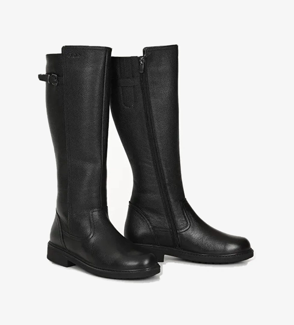 SİYAH Hakiki Deri Yuvarlak Burun Kauçuk Taban Topuklu Fermuarlı Kadın Çizme 44570