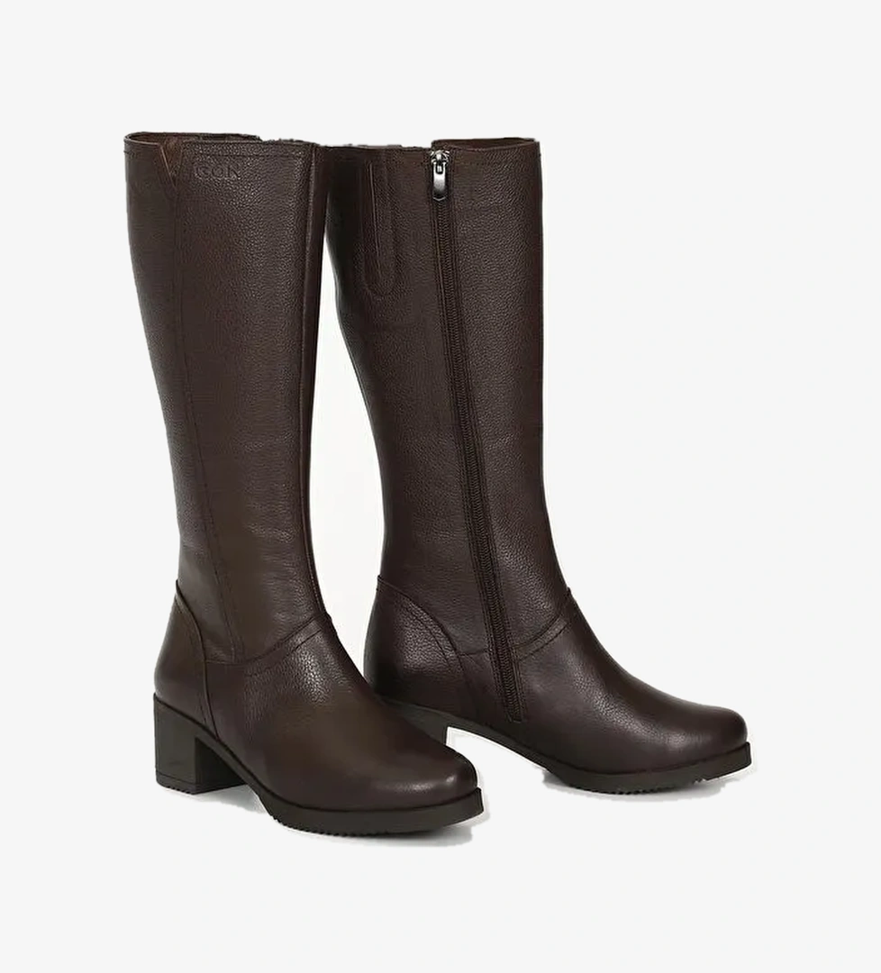 KAHVERENGİ Hakiki Deri Yuvarlak Burun Kauçuk Taban Topuklu Fermuarlı Kadın Günlük Çizme 46529