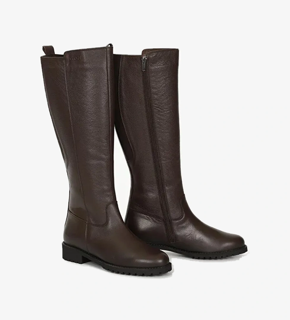 KAHVERENGİ Hakiki Deri Yuvarlak Burun Kauçuk Taban Topuklu Fermuarlı Kadın Günlük Çizme 44551