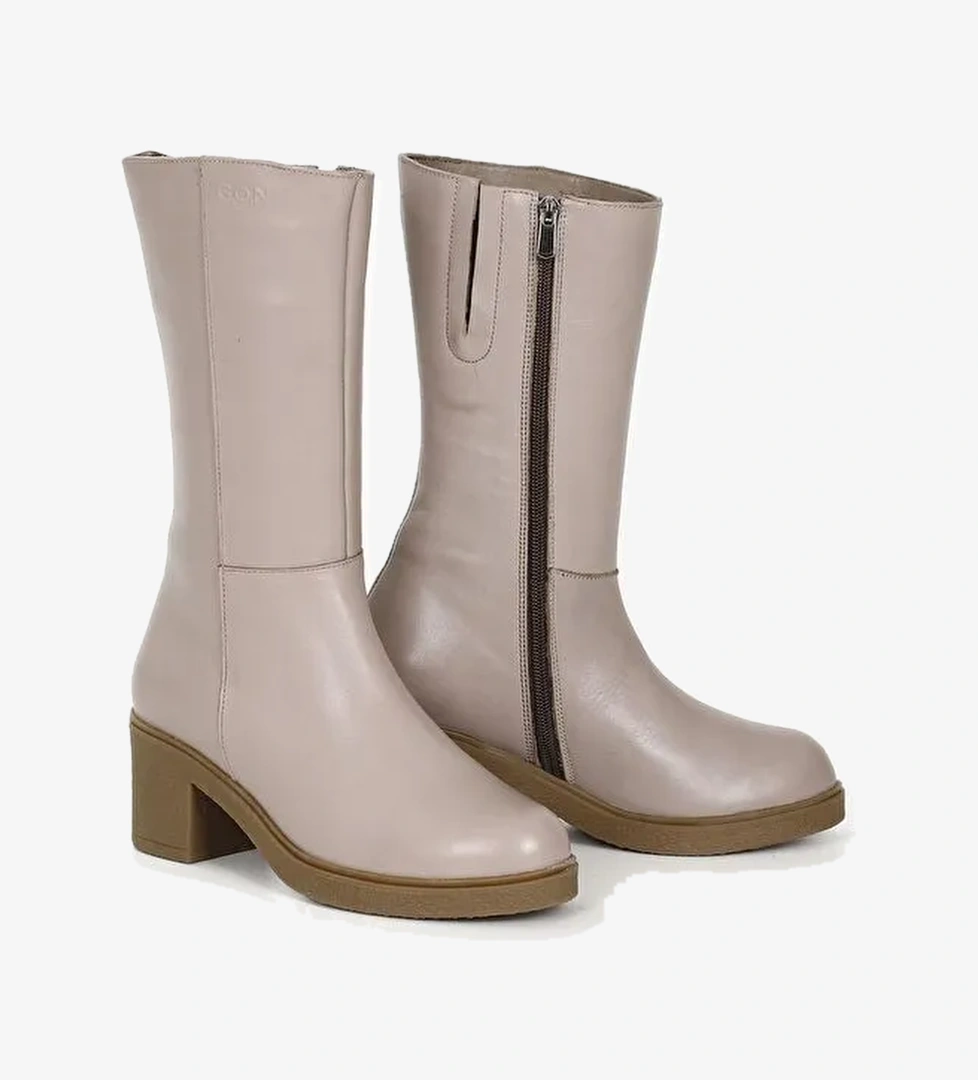 PUDRA PEMBE Hakiki Deri Yuvarlak Burun Kauçuk Taban Topuklu Kadın Günlük Çizme 47522 - Görsel 1