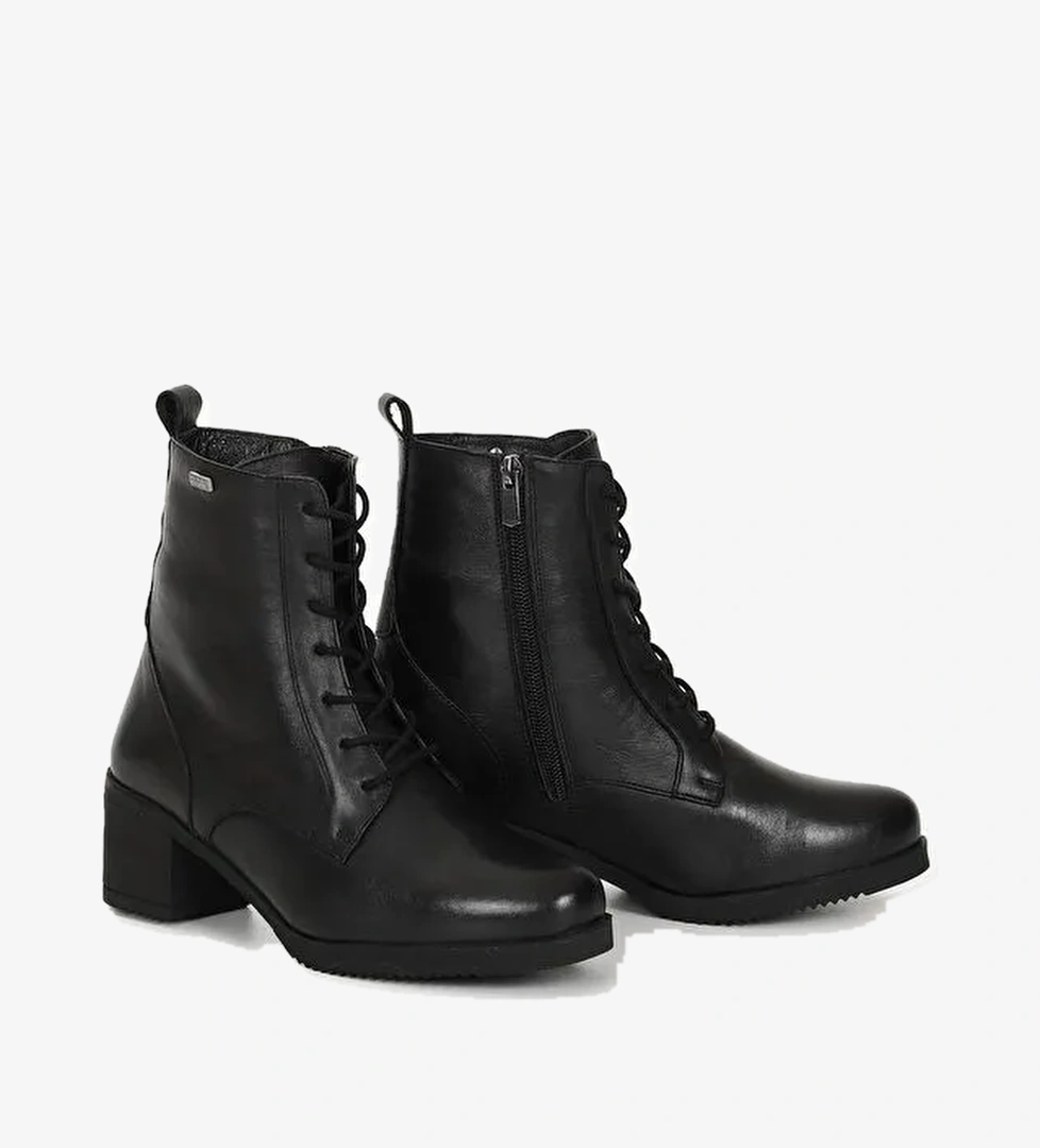 SİYAH Hakiki Deri Yuvarlak Burunlu Fermuarlı Bağcıklı Kadın Günlük Bot 51402