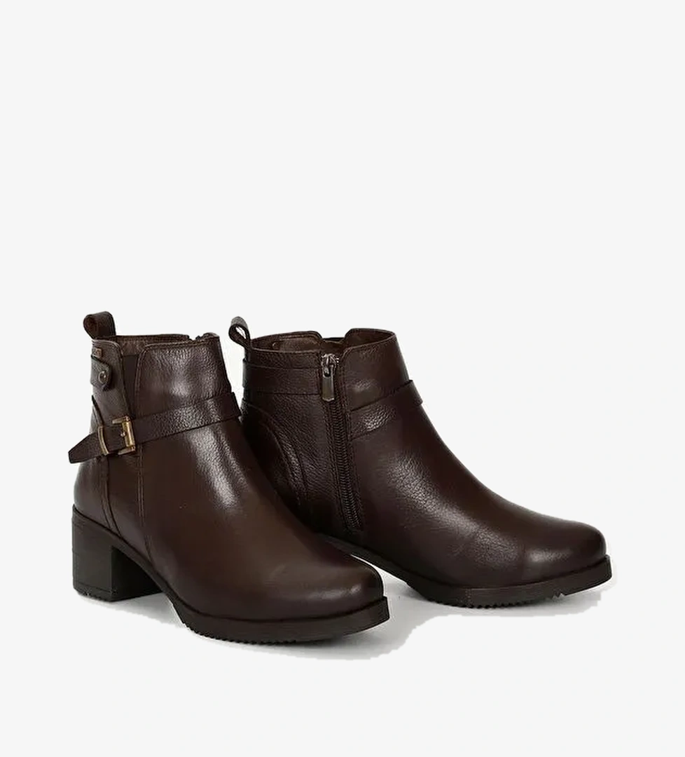 KAHVERENGİ Hakiki Deri Yuvarlak Burun Topuklu Fermuarlı Tokalı Kadın Günlük Bot 48491