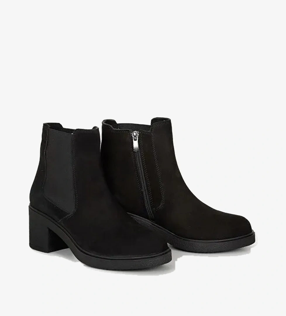 SİYAH Hakiki Deri Yuvarlak Burun Topuklu Kadın Günlük Chelsea Bot 51488