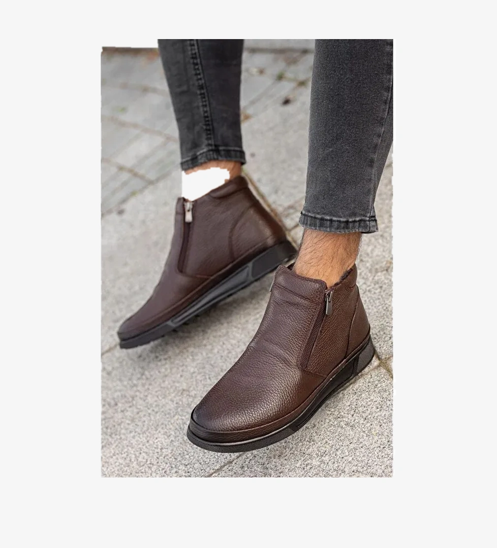 D472 Su Ve Soğuk Geçirmez Kürklü Ortopedik Hakiki Deri Erkek Bot - Görsel 1