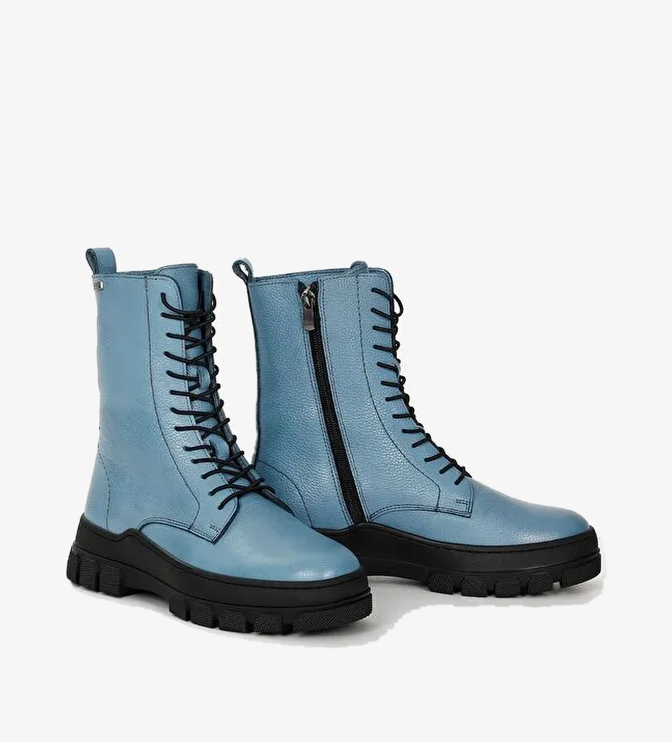 MAVİ Hakiki Deri Yuvarlak Burun Fermuarlı Bağcıklı Kadın Bot 55415