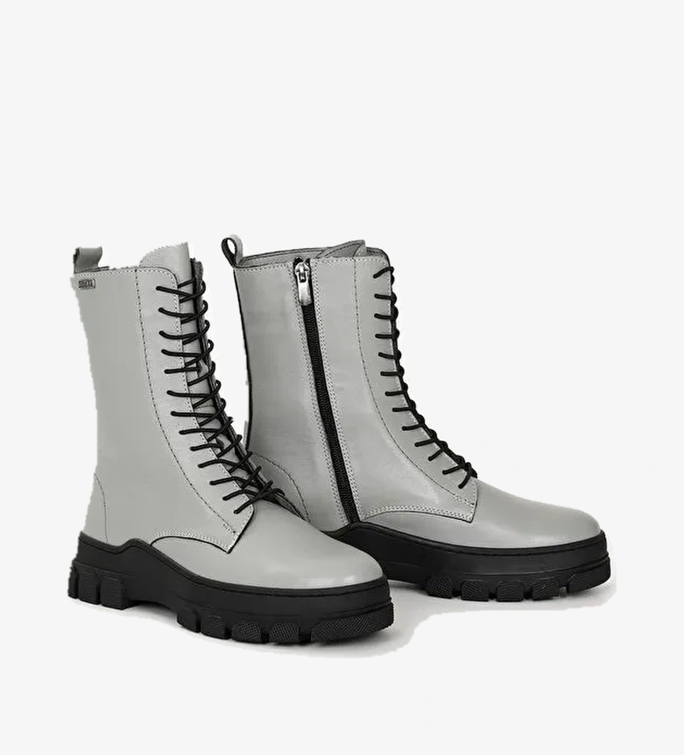 GRİ Hakiki Deri Yuvarlak Burun Fermuarlı Bağcıklı Kadın Bot 55415 - Görsel 1