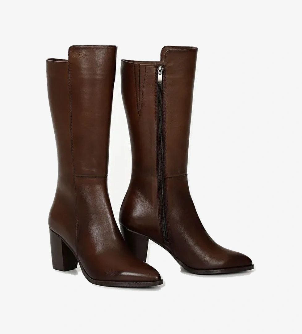 KAHVERENGİ Hakiki Deri Sivri Burun Topuklu Kadın Günlük Çizme 47530