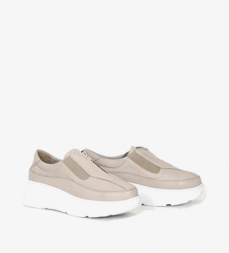 BEJ Hakiki Deri Yuvarlak Burun Dolgu Taban Fermuarli Kadin Sneaker 24252