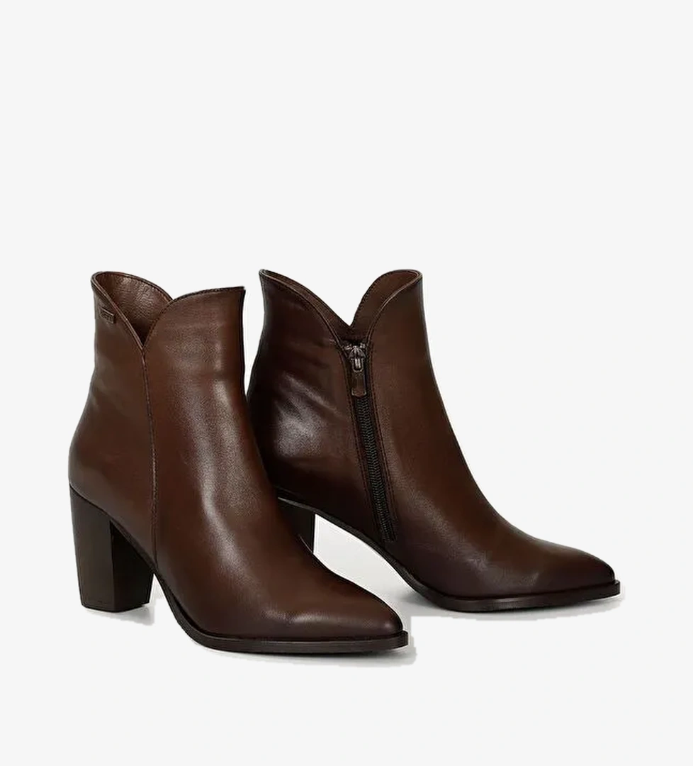 KAHVERENGİ Hakiki Deri Sivri Burun Topuklu Fermuarlı Kadın Günlük Bot 52426