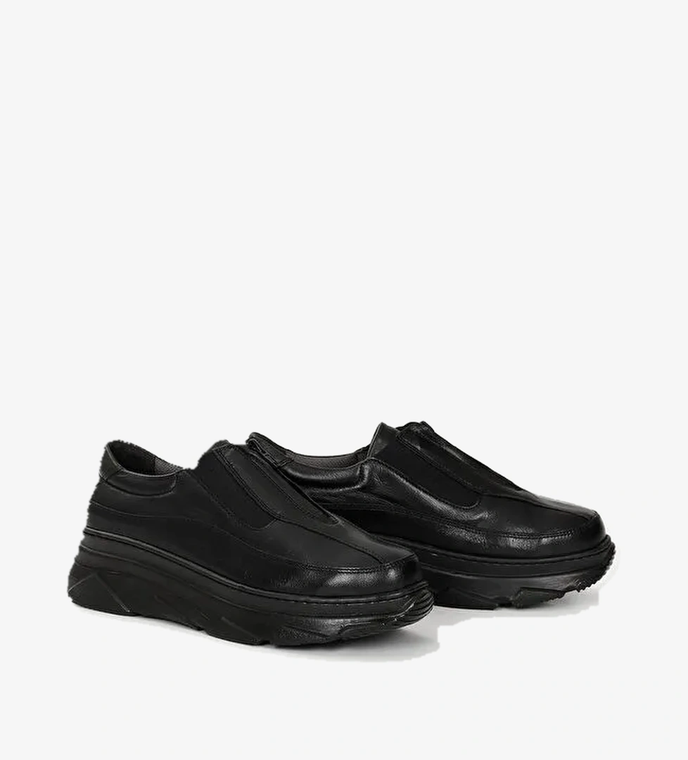 SİYAH Hakiki Deri Yuvarlak Burun Dolgu Taban Fermuarlı Kadın Sneaker 24252 - Görsel 1