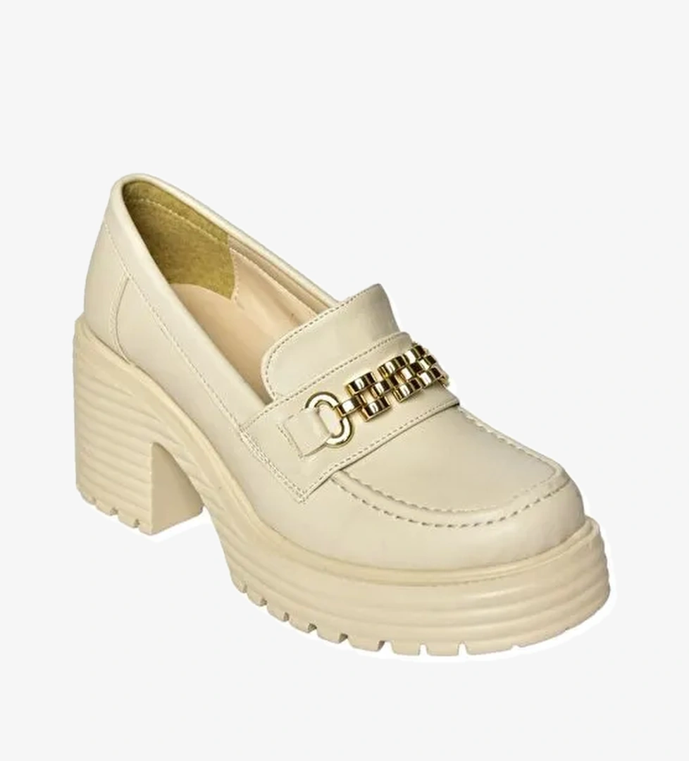 R9960560 Bej Kadın Topuklu Loafer Ayakkabı