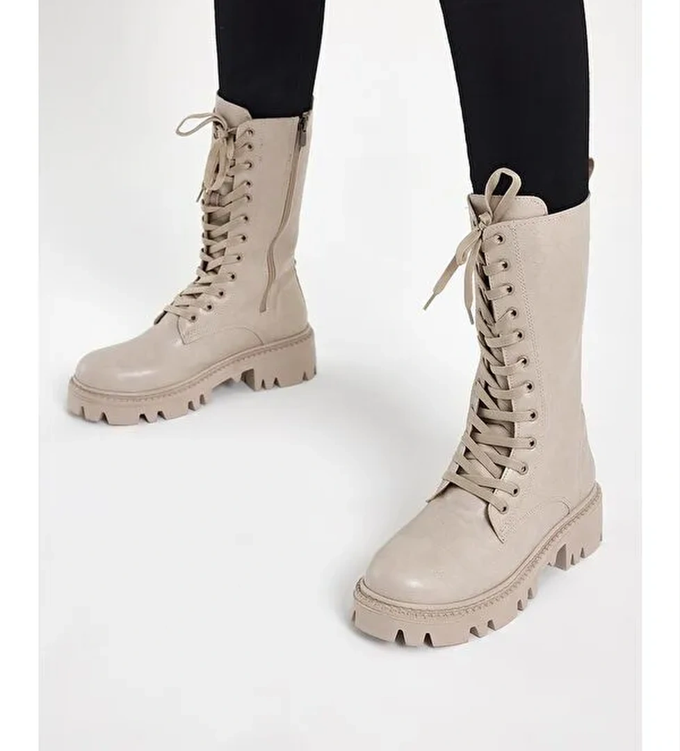 Kadın Ten Cilt Rahat Kalıp Bağcıklı Çorap Çizme