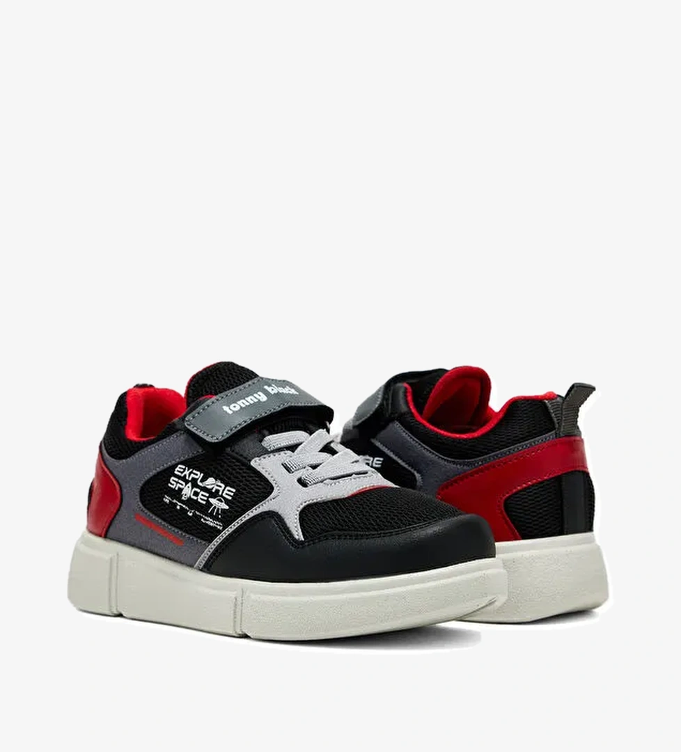 Çocuk Unisex Siyah Kırmızı Rahat Kalıp Cırtlı Ayakkabı