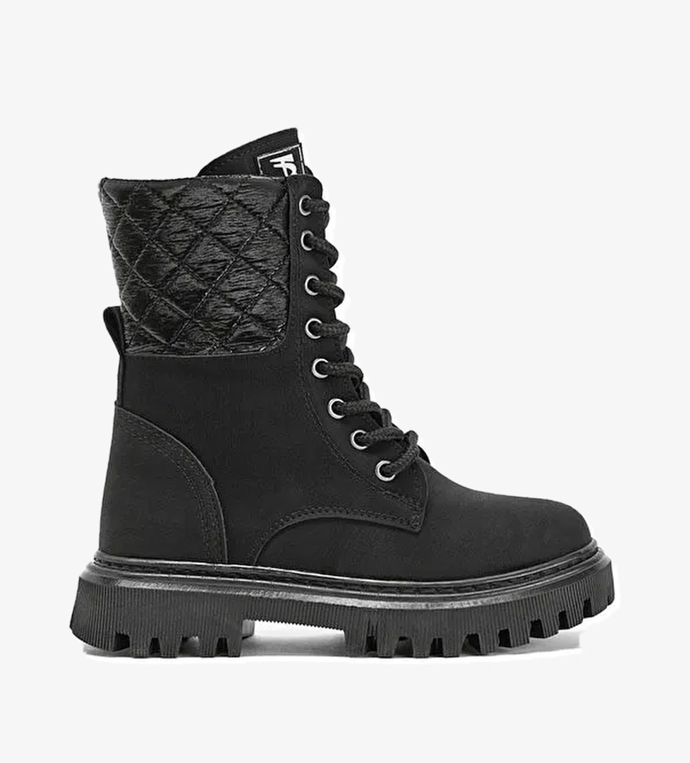 Kız Çocuk Siyah Termo Taban Kapitone Detaylı Bağcıklı ve Fermuarlı Uzun Bot