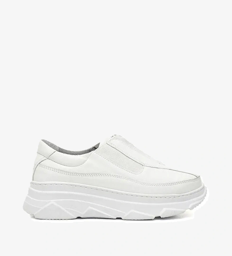 BEYAZ Hakiki Deri Yuvarlak Burun Dolgu Taban Fermuarlı Kadın Sneaker 24252