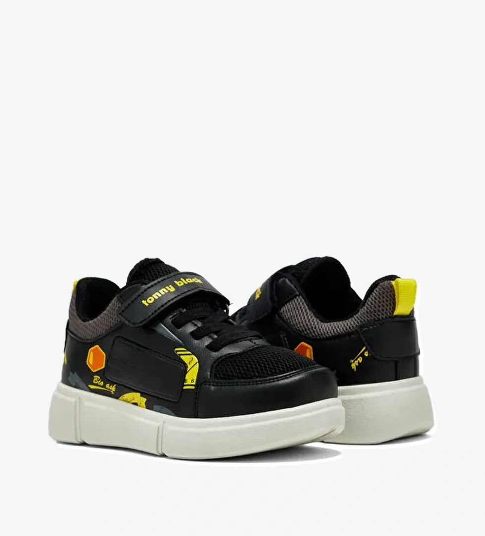 Çocuk Unisex Siyah Sarı Rahat Kalıp Cırtlı Ayakkabı