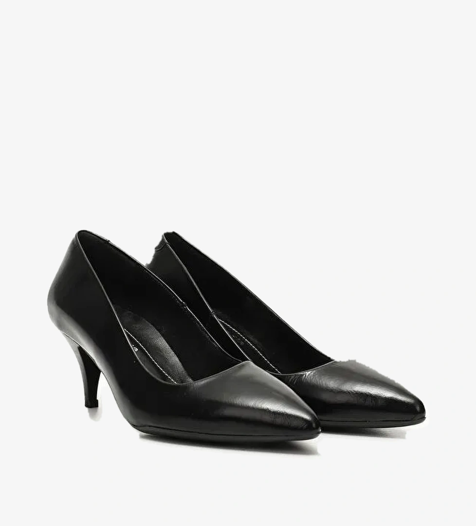 SİYAH Hakiki Deri Sivri Burun İnce Orta Topuklu Stiletto Kadın Ayakkabı 24236