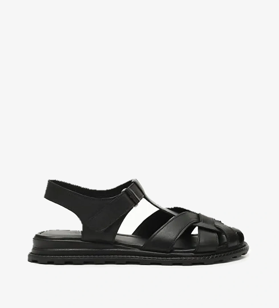 SİYAH Hakiki Deri Dolgu Taban Kadın Sandalet 45055 - Görsel 1