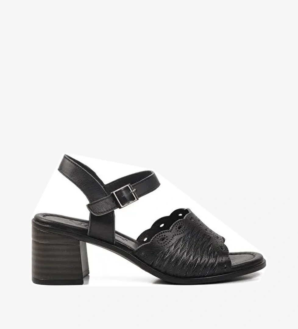 Siyah Hakiki Deri Kadın Topuklu Sandalet - Görsel 1