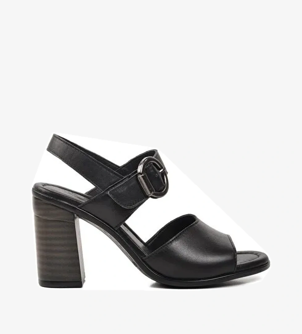 Siyah Hakiki Deri Kadın Topuklu Sandalet 9750