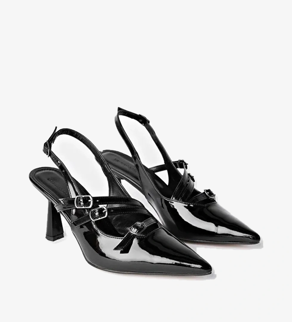 KİDMAN Arkası Açık Kemer Detaylı Üç Bantlı Rugan Kadın Topuklu Ayakkabı