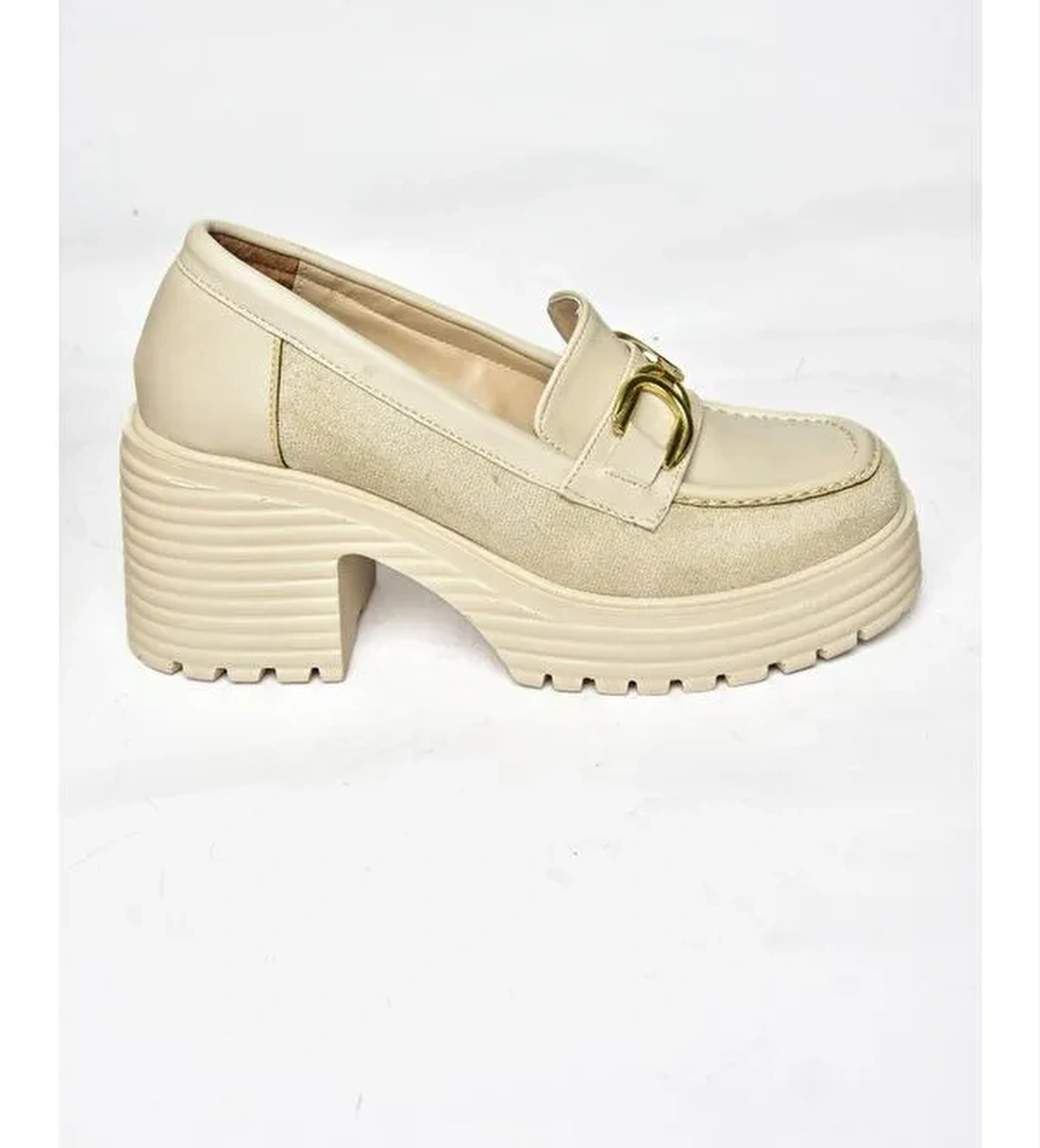 R9960500 Bej Kadın Topuklu Loafer Ayakkabı - Görsel 1