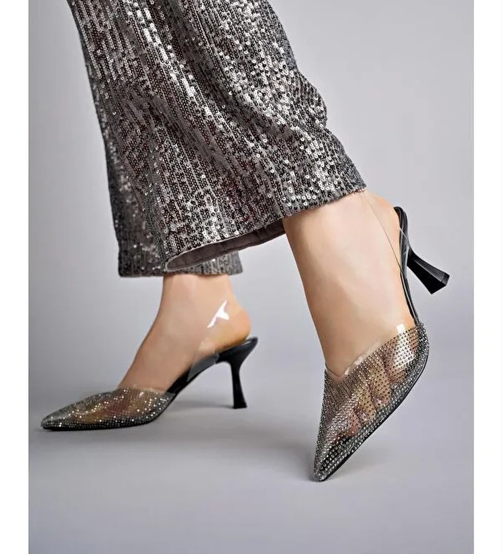 JULİET Kadın Sivri Burun Parlak Taşlı Arkası Açık Şeffaf Bantlı Topuklu Ayakkabı - Görsel 1