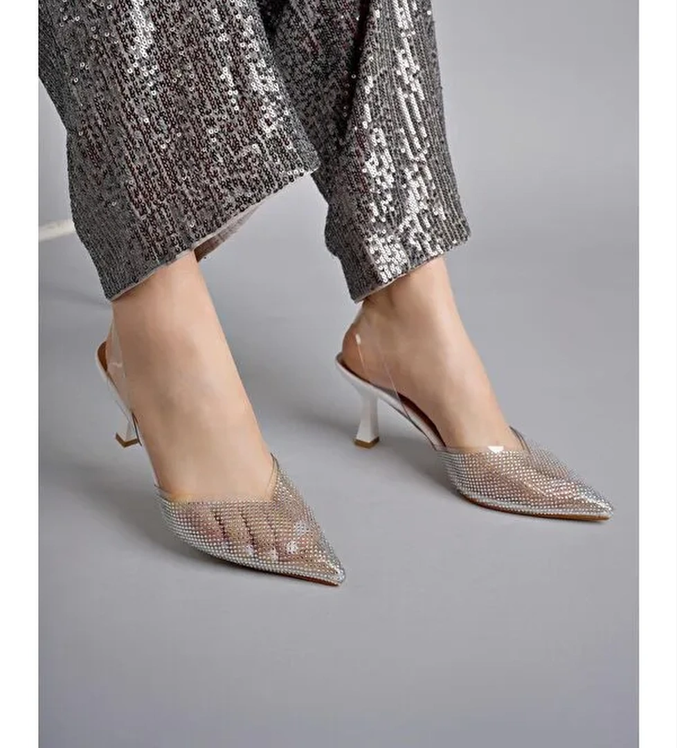 JULİET Kadın Sivri Burun Parlak Taşlı Arkası Açık Şeffaf Bantlı Topuklu Ayakkabı