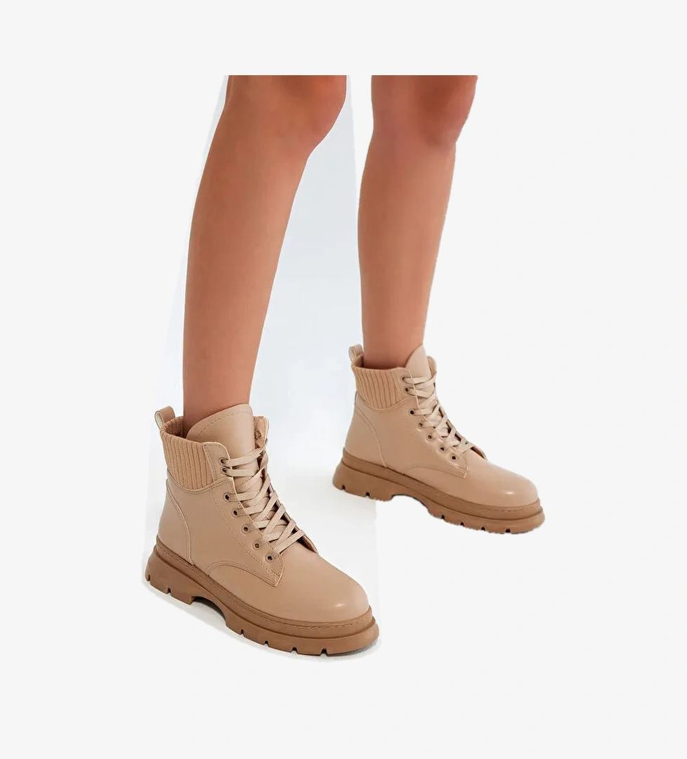 Kadın Nude Cilt Kalın Termo Taban Bileği Lastikli Bağcıklı Bot - Görsel 1