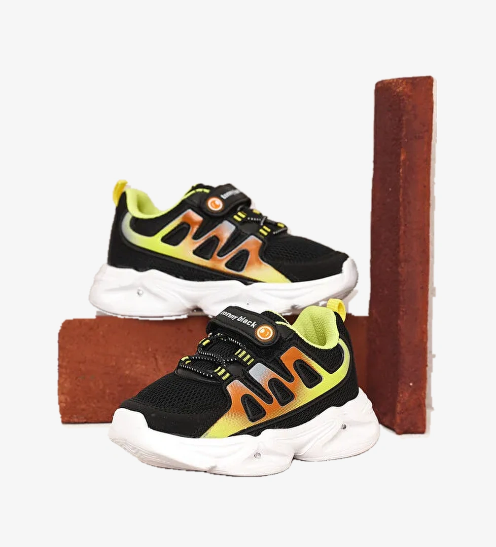 Çocuk Unisex Siyah Sarı Rahat Kalıp Işıklı Cırtlı Ayakkabı