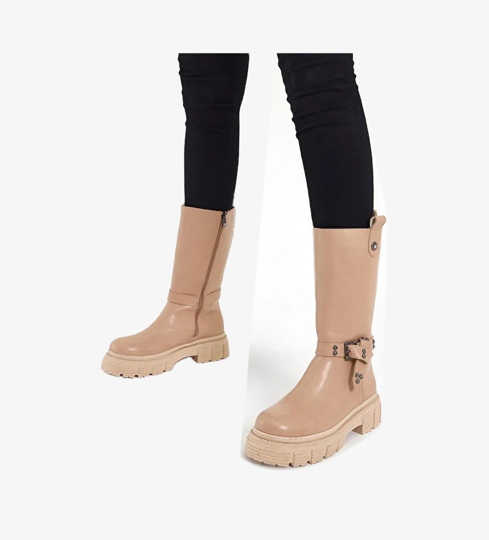 Kadın Nude Cilt Rahat Kalıp Yüksek Taban Tokalı Fermuarlı Çizme