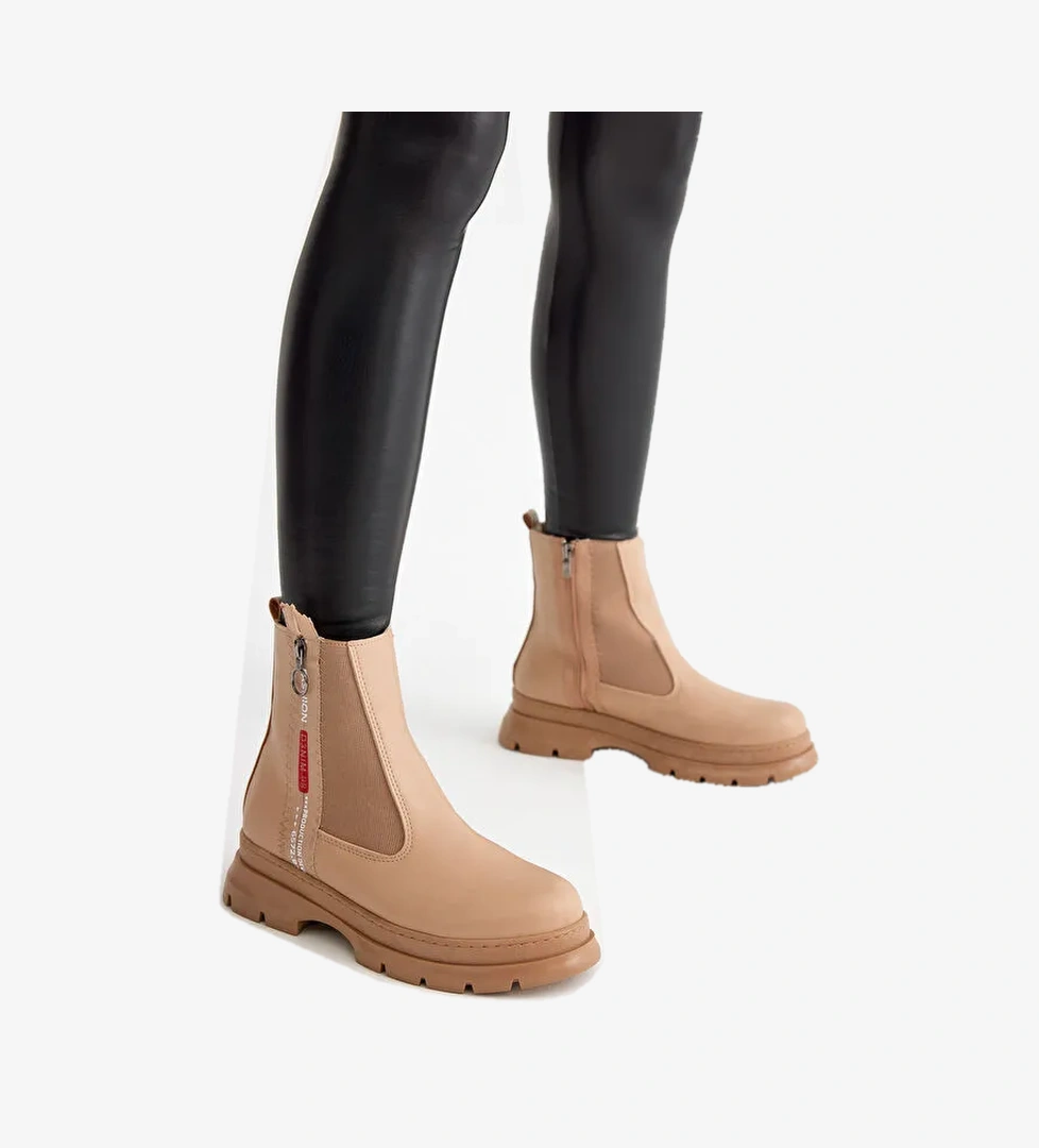 Kadın Nude Cilt Kalın Termo Taban Çift Fermuarlı Lastikli Bot