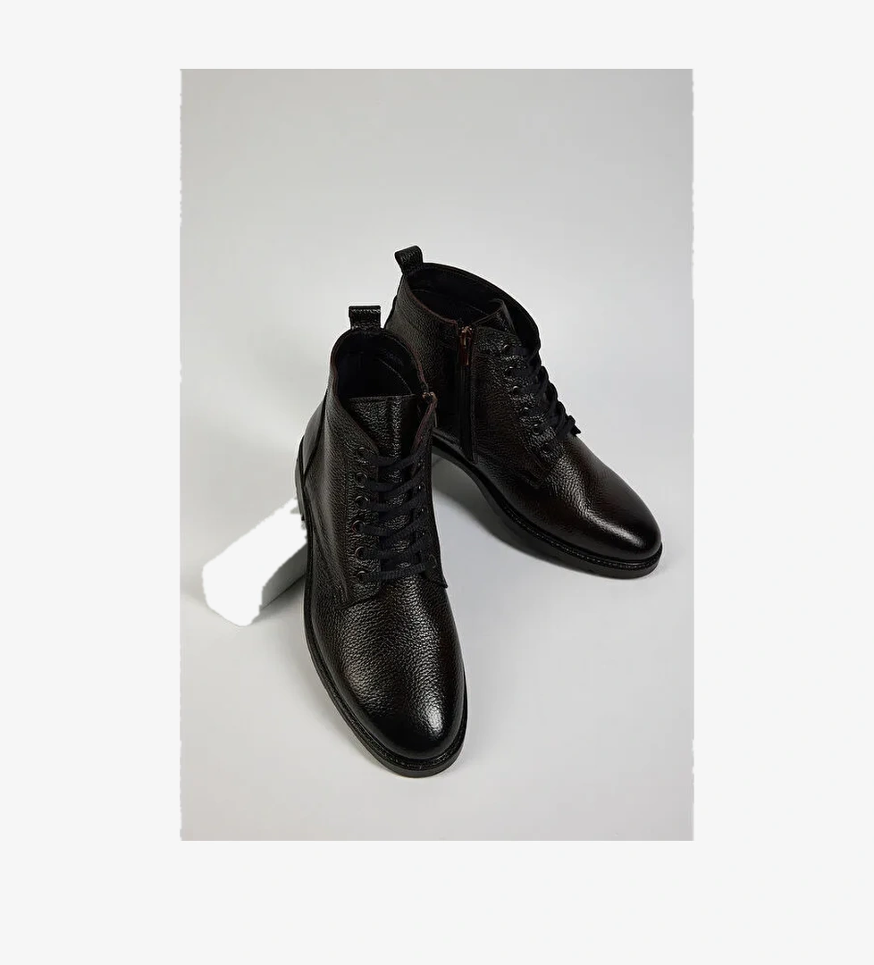 Erkek Kahve Rahat Kalıp Hakiki Deri Bağcıklı ve Fermuarlı Bot