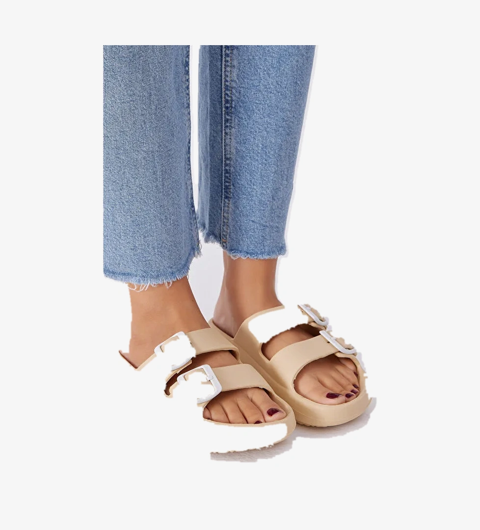 Kadın Krem Rahat Kalıp Tokalı Yüksek Taban Eva Terlik - Görsel 1