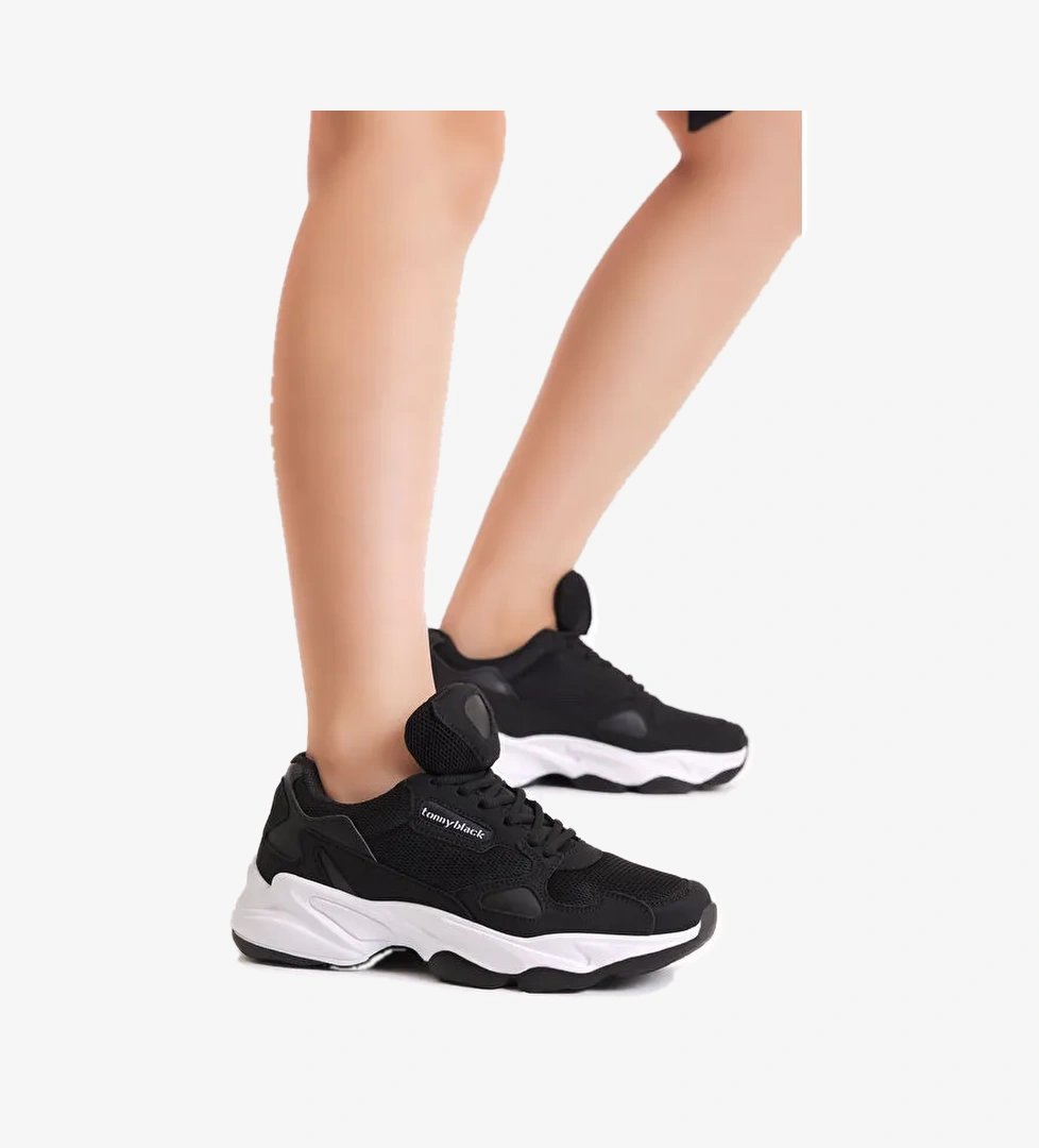 Unisex Siyah Beyaz Rahat Kalıp Yüksek Taban Bağcıklı Spor Ayakkabı