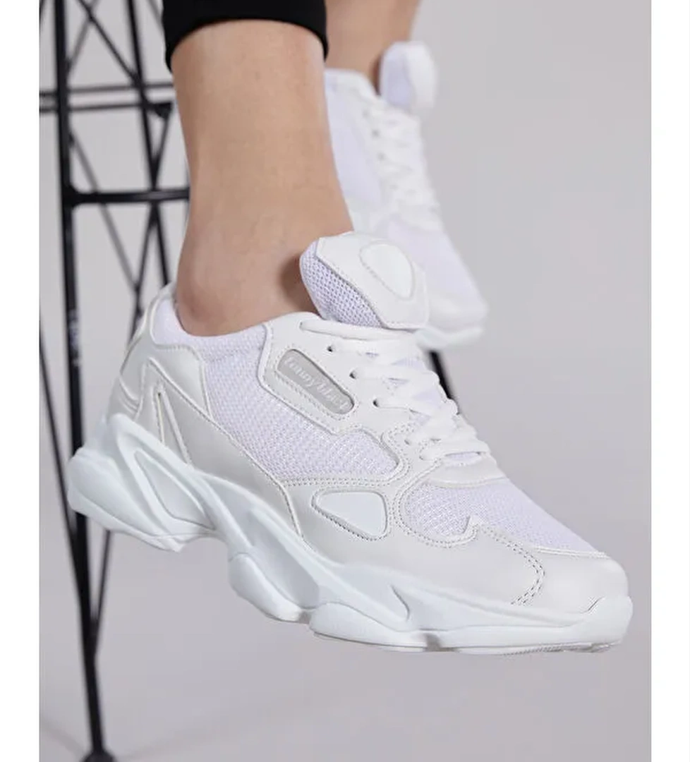 Unisex Beyaz Rahat Kalıp Yüksek Taban Bağcıklı Spor Ayakkabı