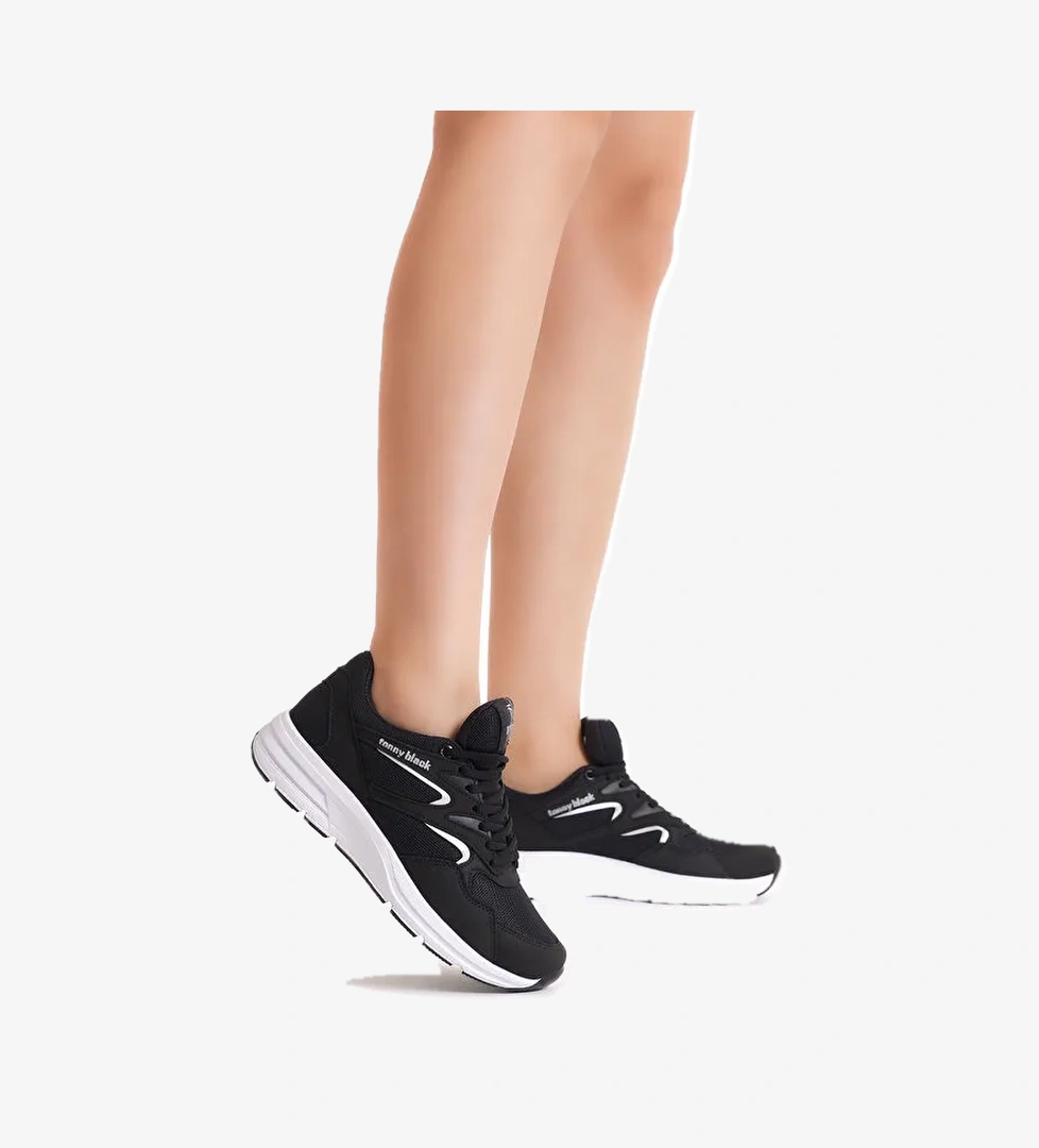 Unisex Siyah Beyaz Poli Taban Nefes Alabilen Kumaş Bağcıklı Spor Ayakkabı