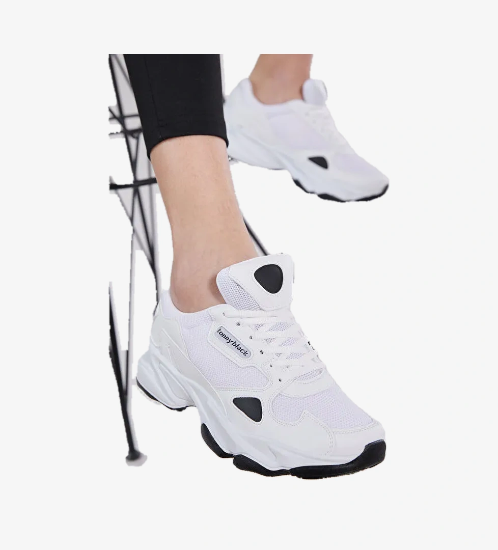 Unisex Beyaz Siyah Rahat Kalıp Yüksek Taban Bağcıklı Spor Ayakkabı