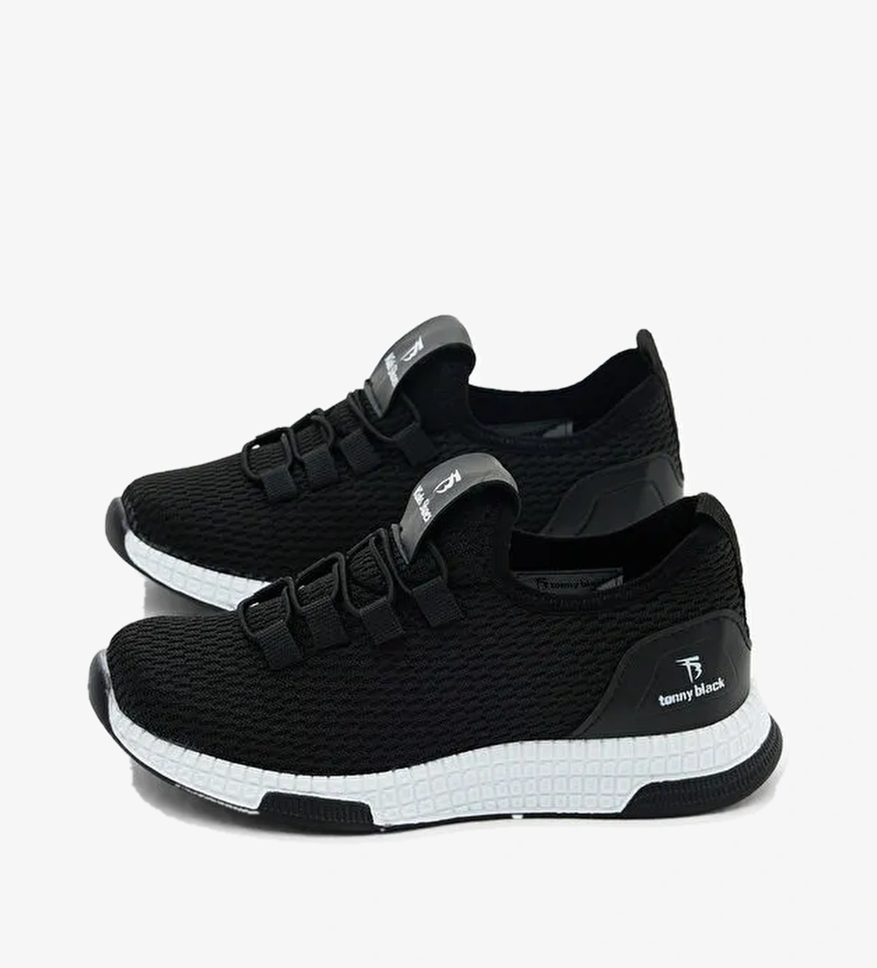 Çocuk Unisex Siyah Beyaz Rahat Kalıp Lastik Bağcıklı Spor Ayakkabı