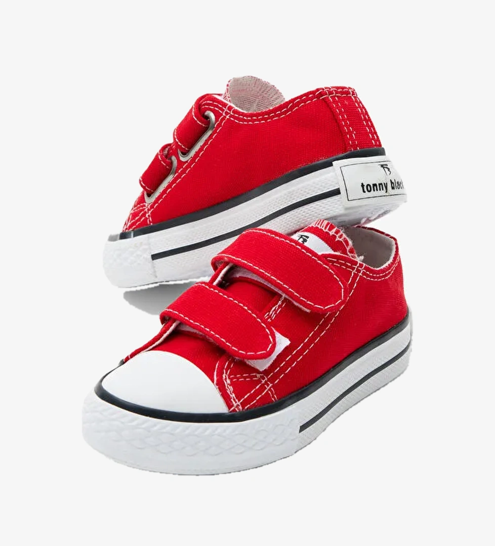 Çocuk Unisex Kırmızı Kauçuk Taban Keten Cırtlı Spor Ayakkabı