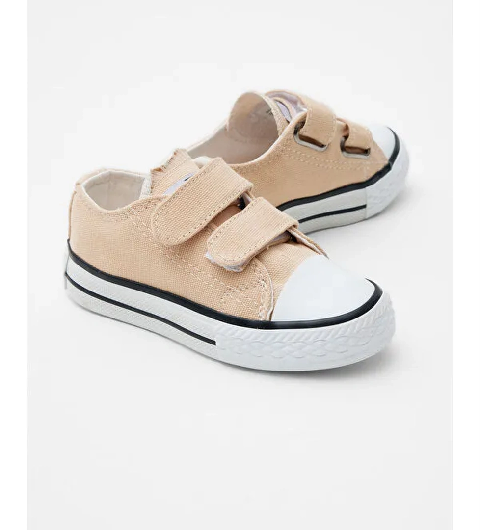 Çocuk Unisex Bej Kauçuk Taban Keten Cırtlı Spor Ayakkabı