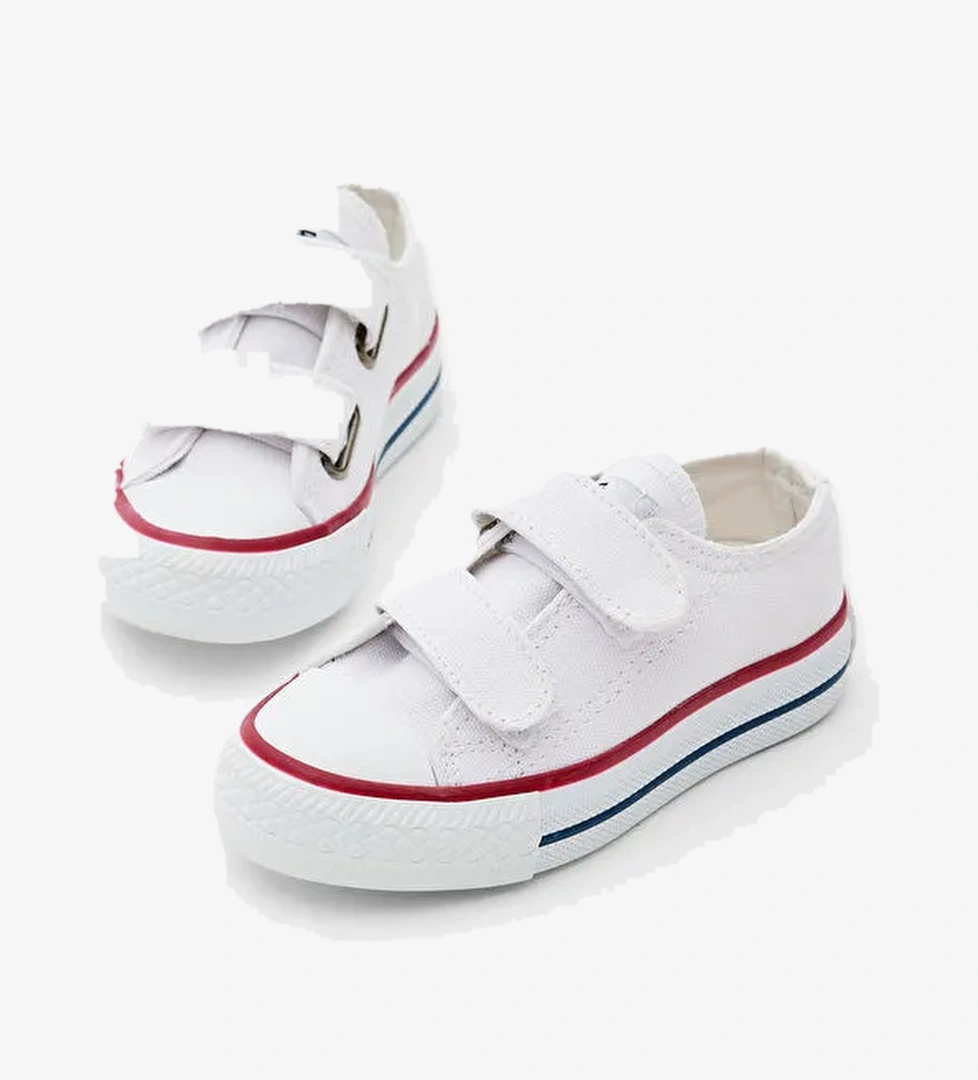 Çocuk Unisex Beyaz Kauçuk Taban Keten Cırtlı Spor Ayakkabı