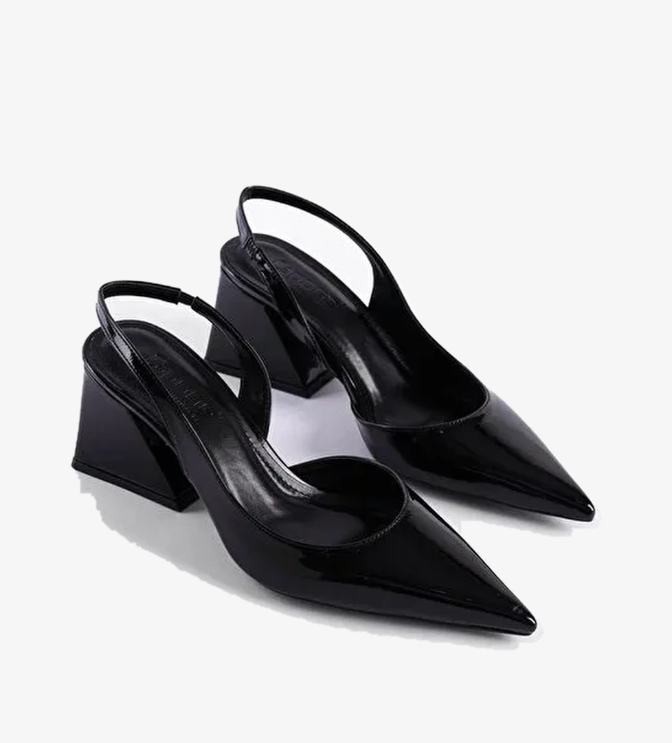 Arkası Açık Sivri Burunlu Orta Topuklu Rugan Kadın Ayakkabı