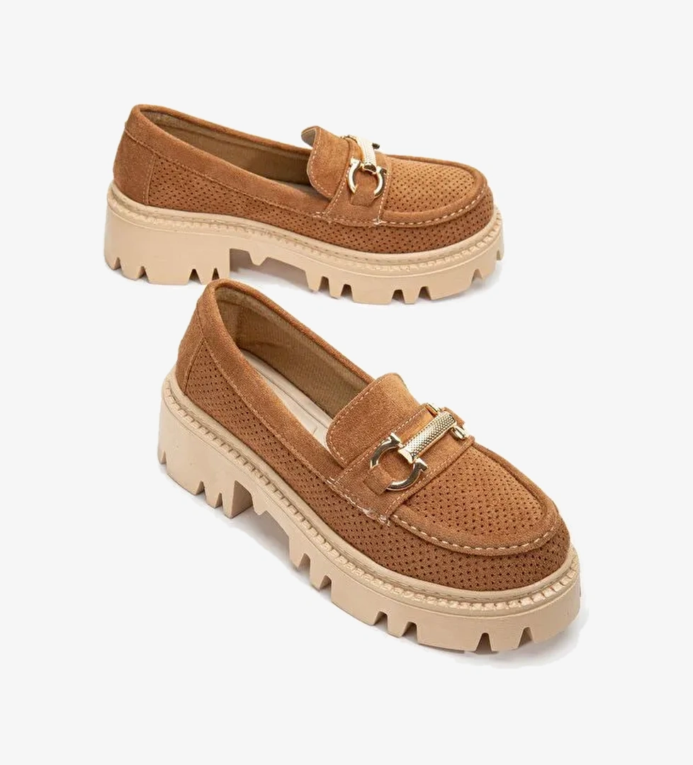Kadın Taba Süet Rahat Kalıp Önü Tokalı Kalın Taban Loafer