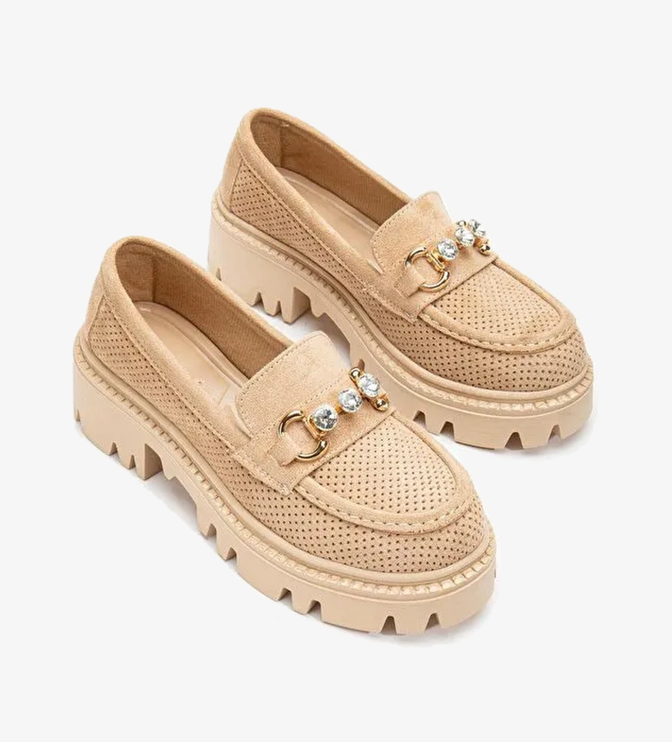 Kadın Nude Süet Rahat Kalıp Önü Tokalı Kalın Taban Loafer