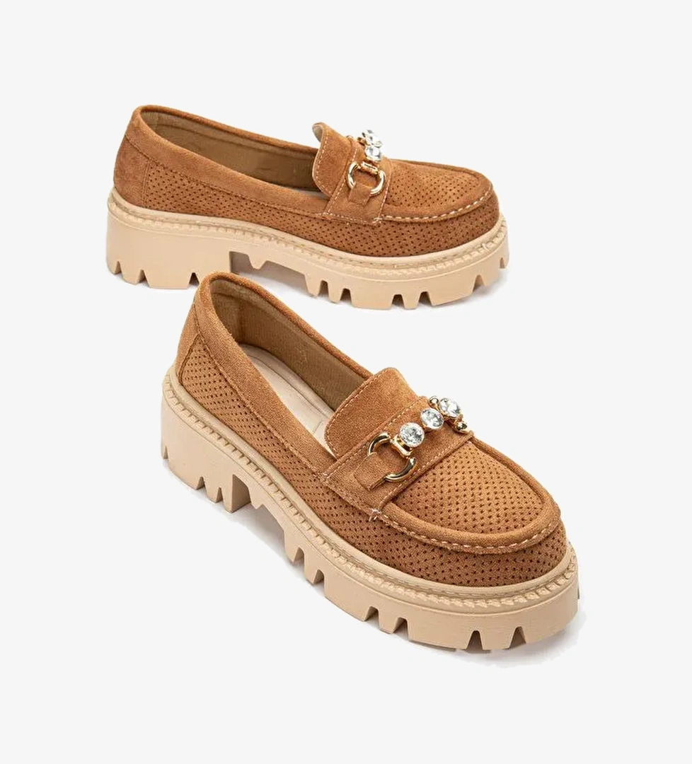 Kadın Taba Süet Rahat Kalıp Önü Tokalı Kalın Taban Loafer