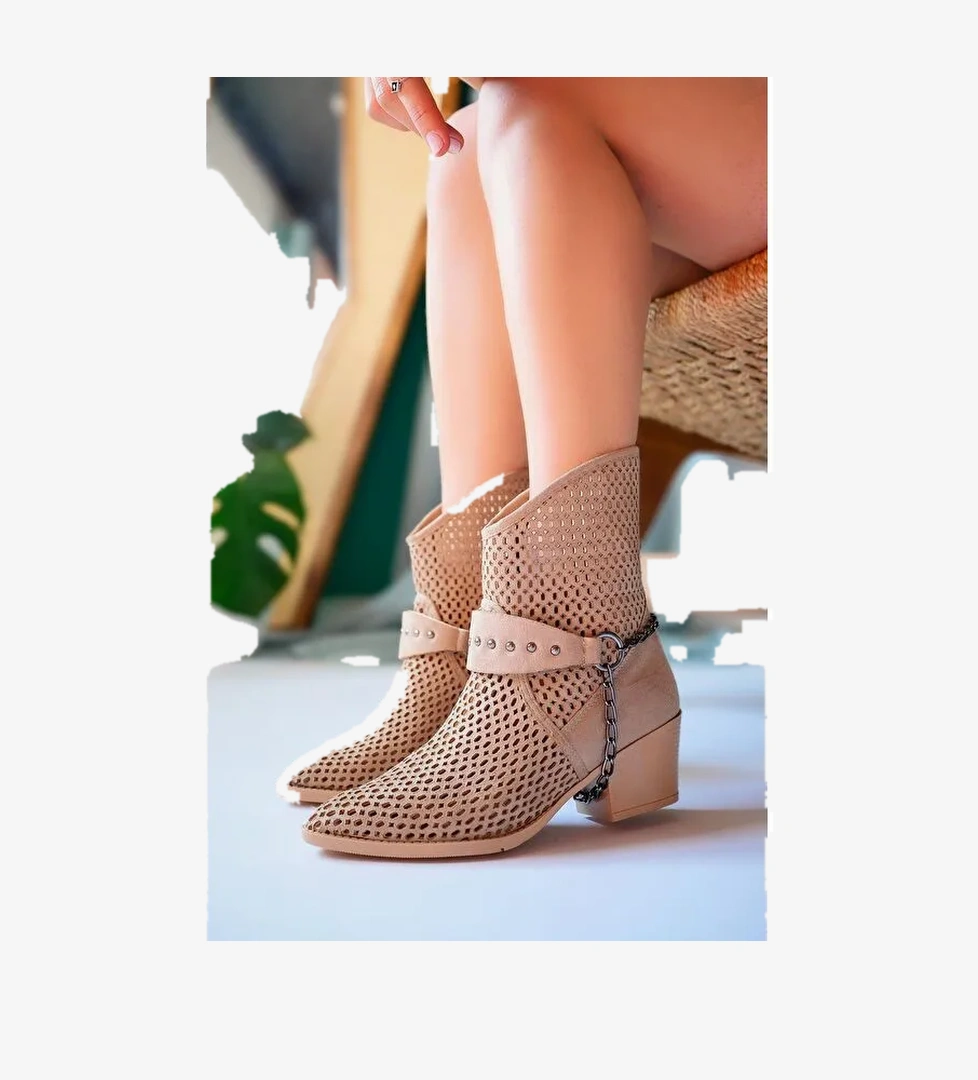 BURNİNG Kadın Lazer Kesim Zincir Detaylı Delikli Kovboy Yazlık Topuklu Festival Bot - Görsel 1