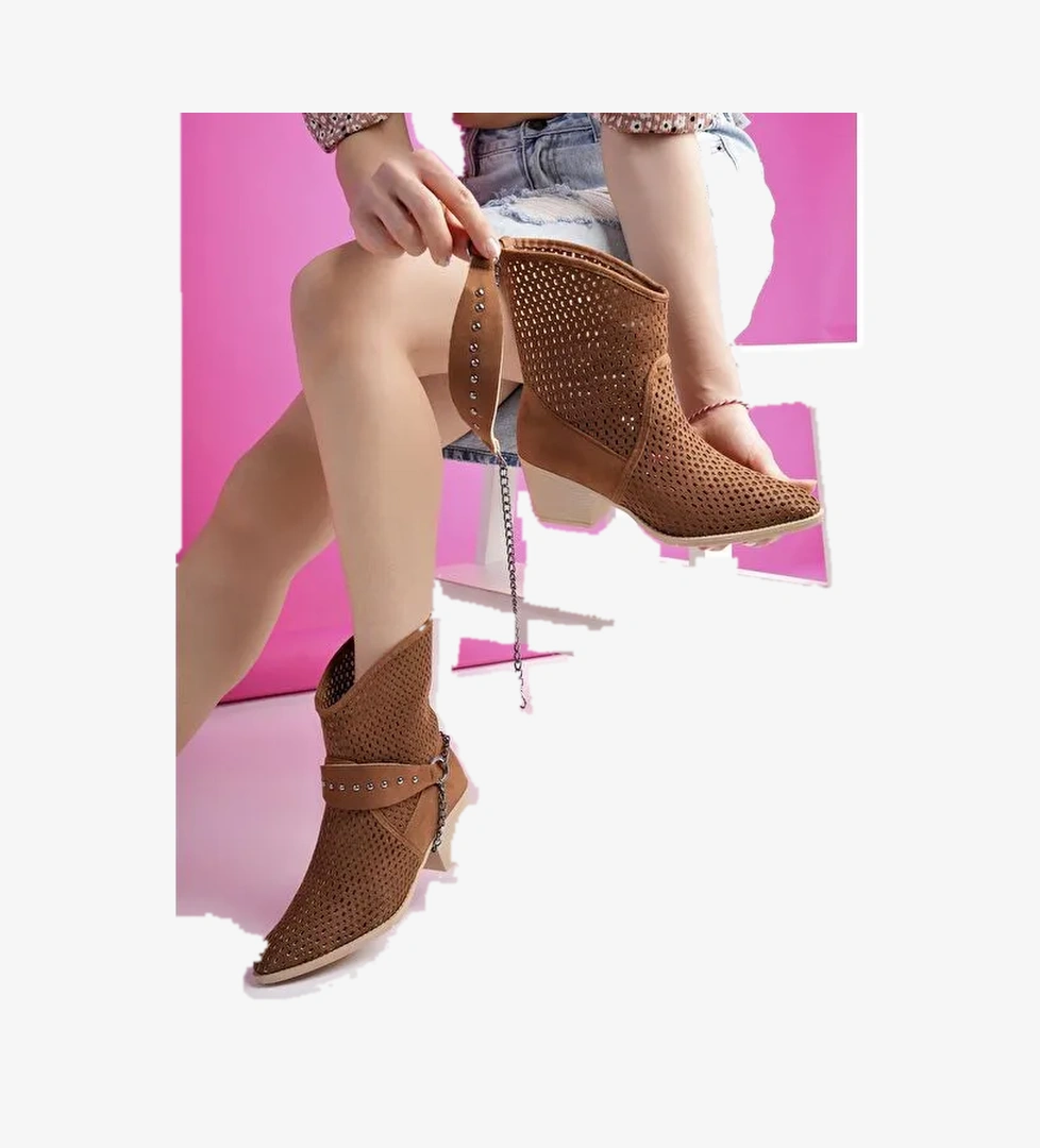 BURNİNG Kadın Lazer Kesim Zincir Detaylı Delikli Kovboy Yazlık Topuklu Festival Bot
