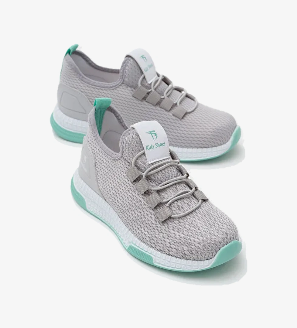 Çocuk Unisex Gri Yeşil Rahat Kalıp Lastik Bağcıklı Spor Ayakkabı
